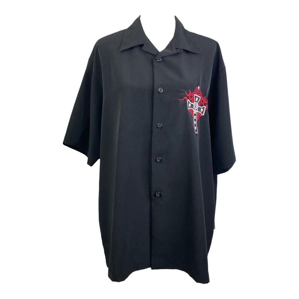 Biker Design Chopper Style Button Shirt Mens XL Black Embroidered Vintage Y2K